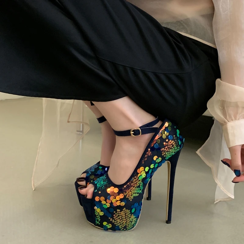 Aneikeh Sexy Blue Elegant Glitter Peep Toe Super High Heels Women Platform Pumps Party Club Stripper Pole Dance Shoes  Mujer
