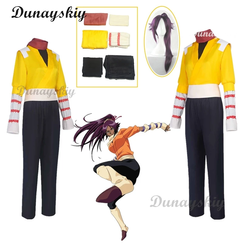 

Anime Bleach Shihouin Yoruichi Cosplay Costume Gotei 13 Captain Combat Yellow Short Long Uniform Sets Anime Women Wig