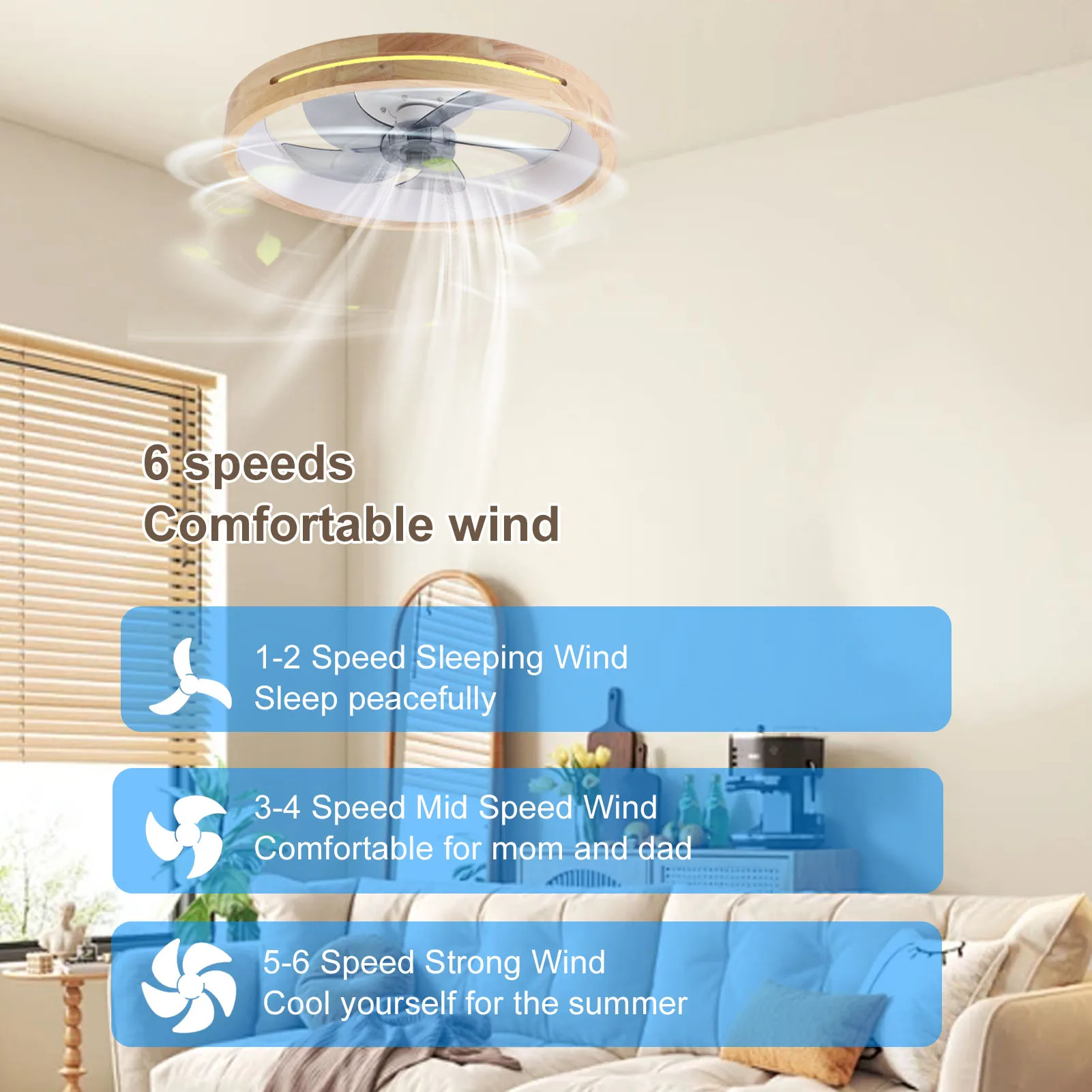 LED-Deckenventilator mit Licht, Fernbedienung, Timer, 6 Geschwindigkeiten, stufenloses Dimmen, Unterputzventilator, Licht für Wohnzimmer, Schlafzimmer, LED-Deckenventilator