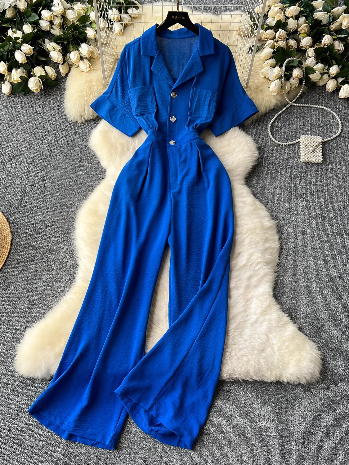 Summer Casual Women Romper Elegant Green/Blue/Black/Purple/Red Notched Collar Single Breasted Short Sleeve High Waist Jumpsuit