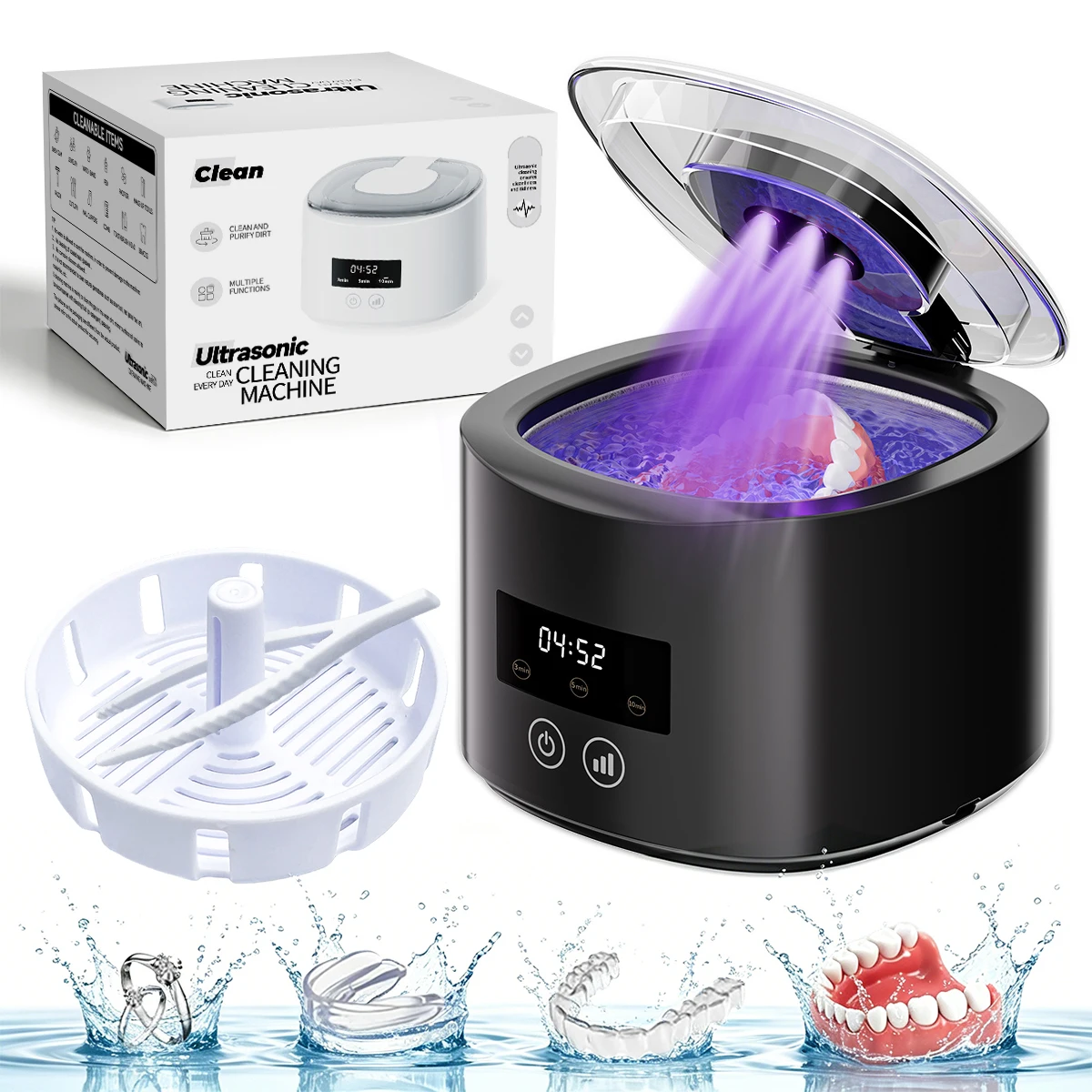 50KHz Ultrasonic Cleaner w/ Drain Basket & Tweezers, USB Rechargeable for Braces Aligners Dentures