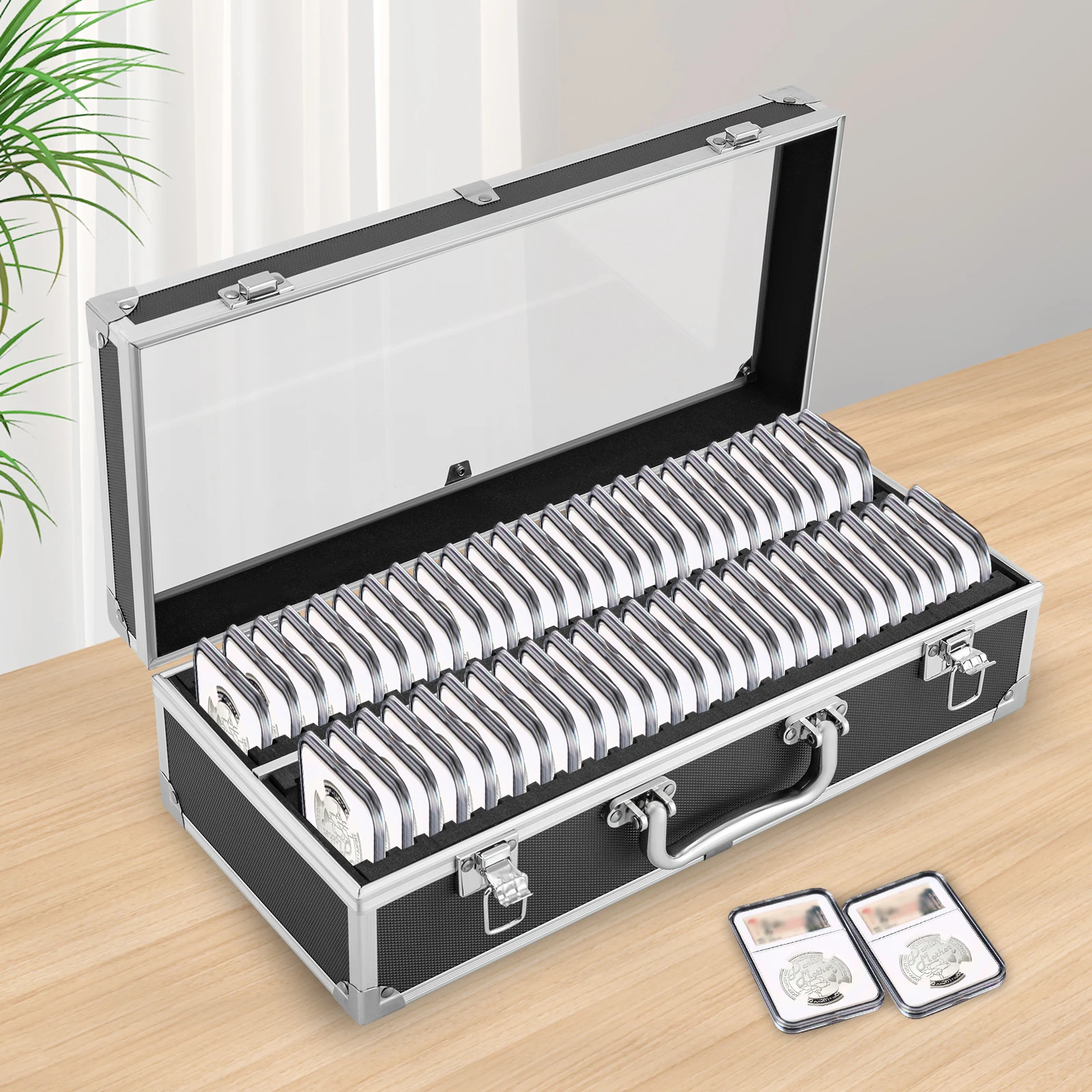 

50-Slot Black Coin Slab Storage Box with Transparent Lid and Metal Corners for Coin Collection & Display