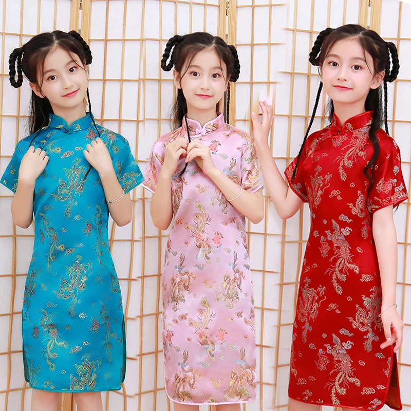 

Cheongsam хорошего качества для девочек с короткими рукавами, современное азиатское новое китайское платье, традиционная одежда, детское Ципао