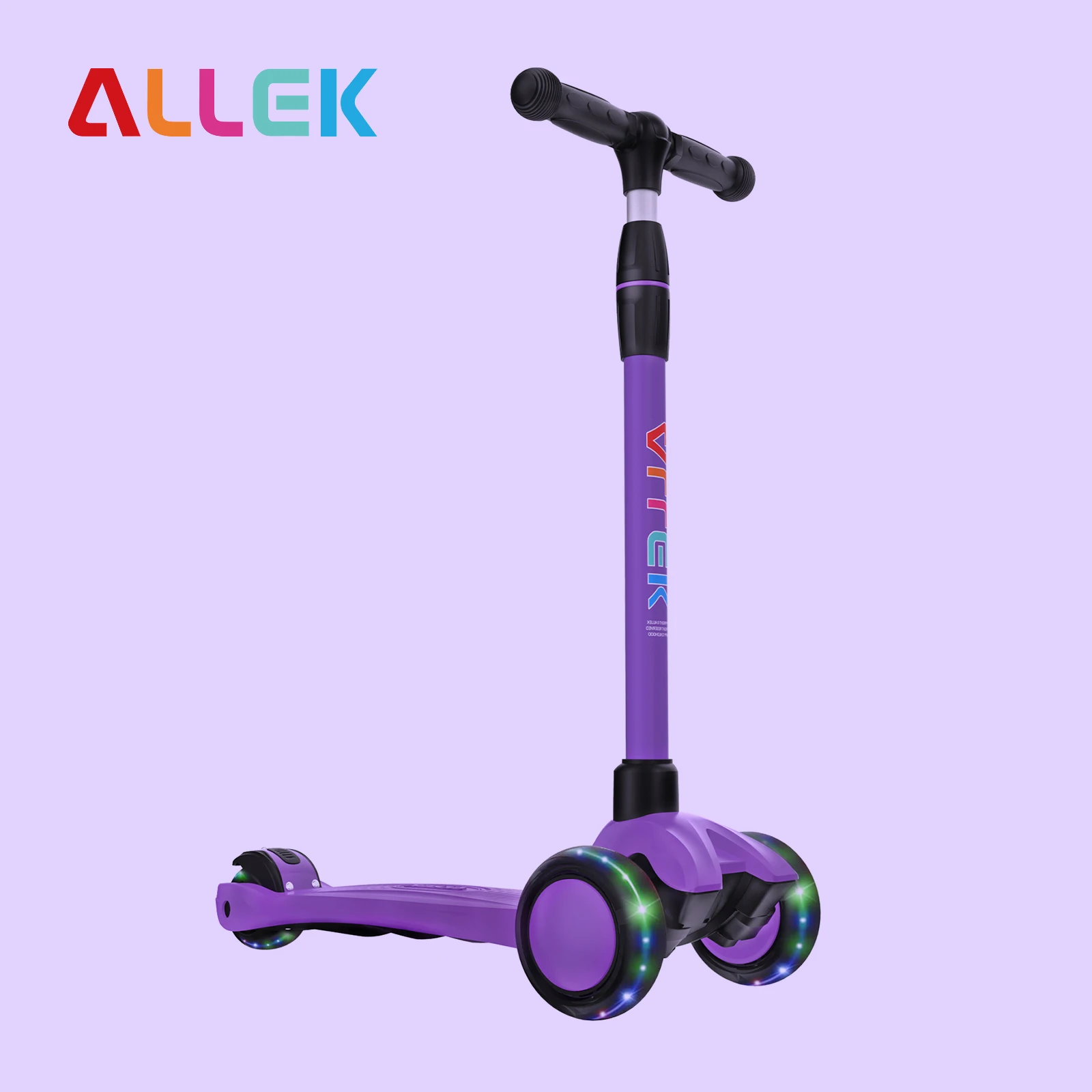 Allek Kick Scooter 3-Wheeled Push Scooter with Wide PU Light-Up Wheels Ajustable Height Kids Scooter for Children 3-12yrs Purple