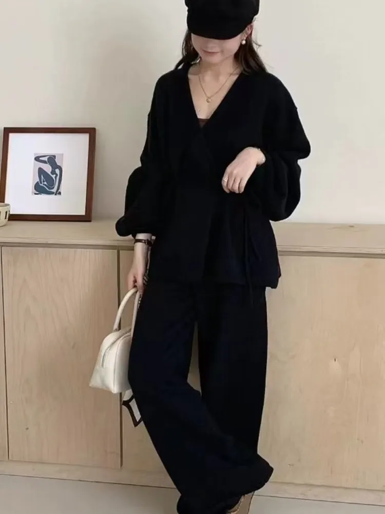 Fashion V-neck Long Sleeve Drawstring Sweater Cardigan And Wide Leg Trousers Casual Women Knitted Two Piece Set Outfits Autumn