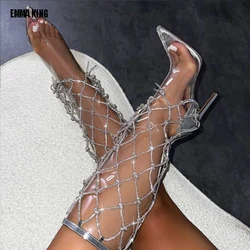 Women Transparent  New Fashion Sexy Stage PVC Knee High boots Mesh Rope  Decor High Heel Long Boot 44