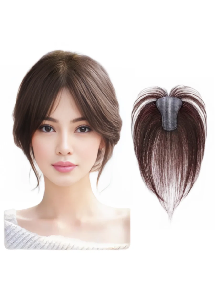 No Need Clip Human Hair Toppers Hook and Loop Magic Paste Invisible 3D Air Bangs For Women Center Parting Hairpieces Patches