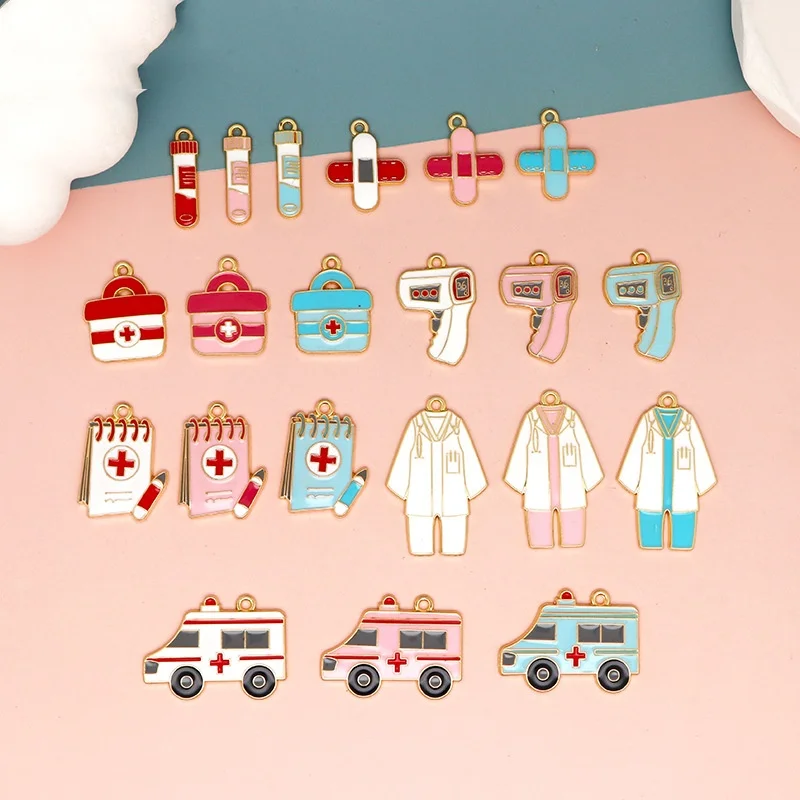 10pcs/Lot Nurses' Day Ambulance Thermometer Medicine Chest Oil Enamel DIY Charms Jewelry Making Handmade Pendant