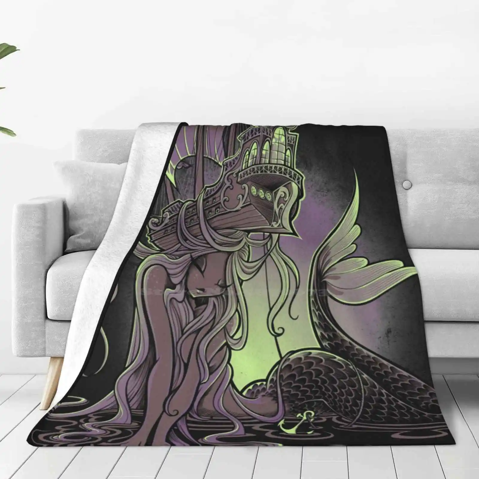 Sailors Beware Trend Style Funny Fashion Soft Throw Blanket Mermaid Ship Navy Naval Galleon Ocean Sunset Up Tattoo