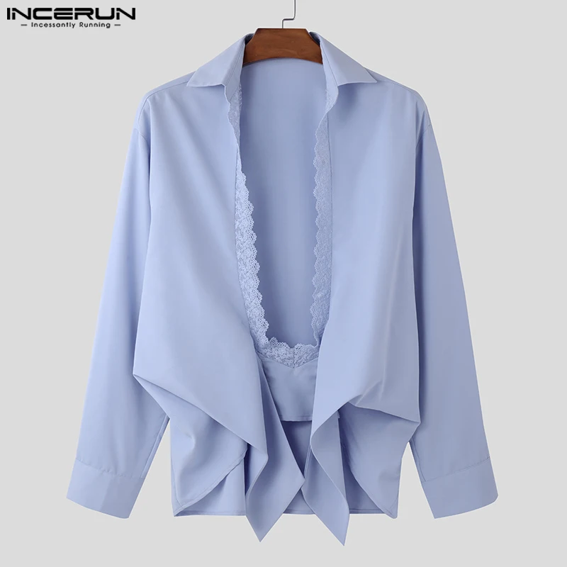 INCERUN Tops 2026 American Style Fashion New Men Lace Patchwork Solid Color Shirts Casual Simple Male Long Sleeved Lapel Blouse