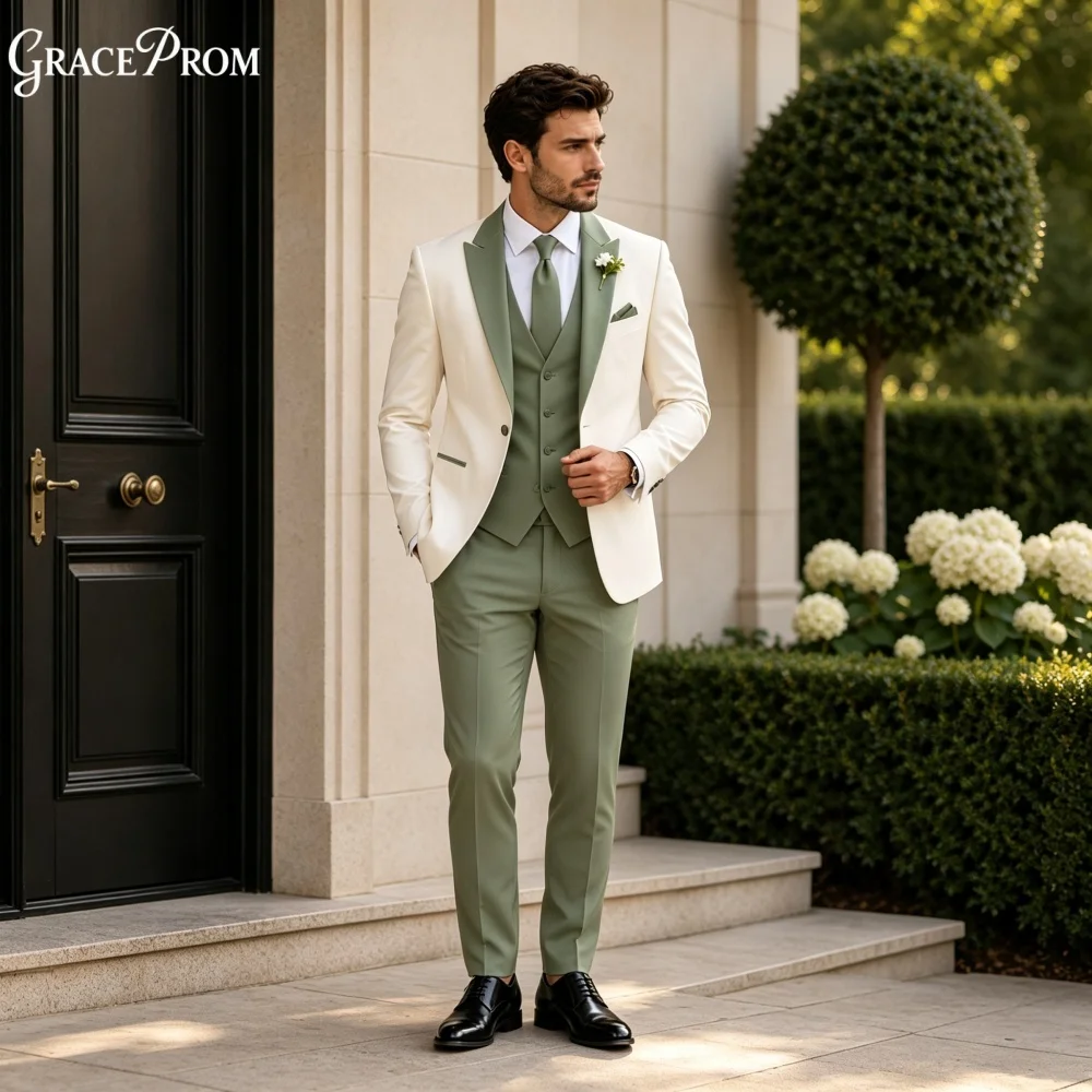 Fashion White Sage Green Men Suit Set 3PCS 2027 For Wedding Formal Business Groom Best Man Outfit Office Customized Men's Suit