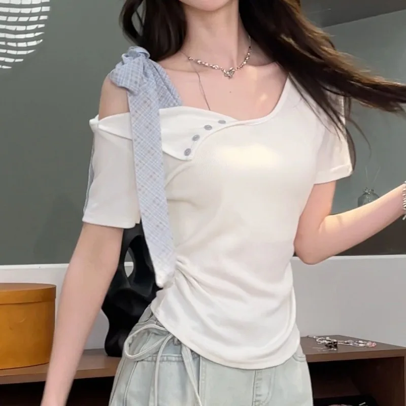 

Hot Girl Irregular Splicing Strap Bow T-shirt for Women Spring and Summer Short Sleeves Tees Slim Fit Short Fashion Sexy Tops