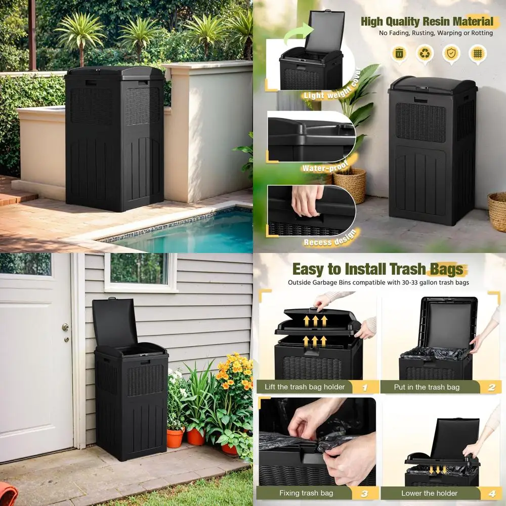 

Heavy-Duty 33-Gallon Outdoor Trash Bin with Dual Lid, Waterproof Resin, Ideal for Patio, Pool, Backyard, and Deck (Black)
