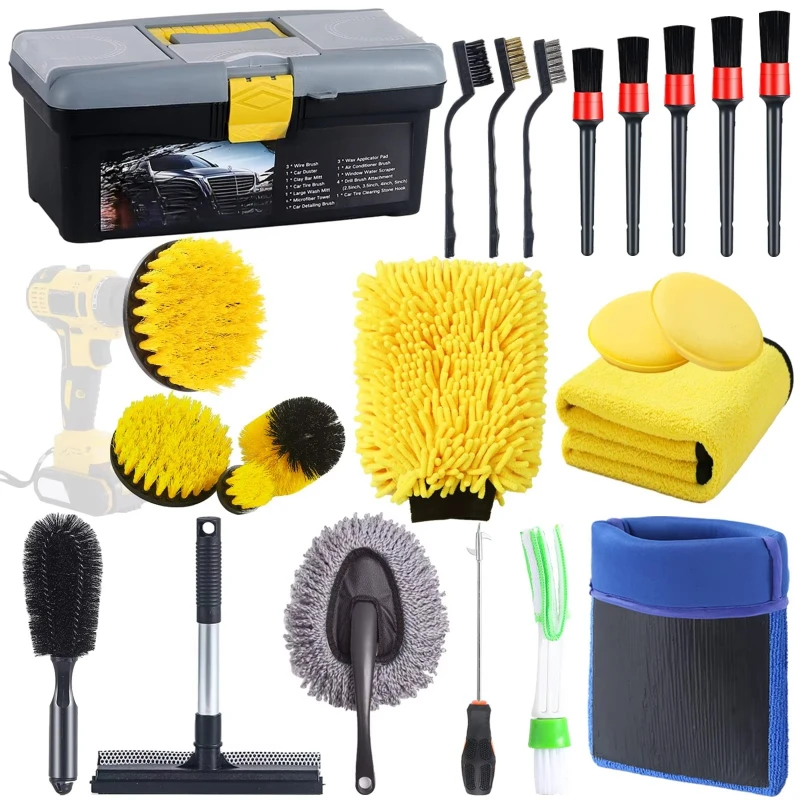 

23Pcs Exterior Interior Car Wash Cleaning Tool Kit Tire Towel Drill Brush Window Scraper Kit Car Wash Equipment with Box