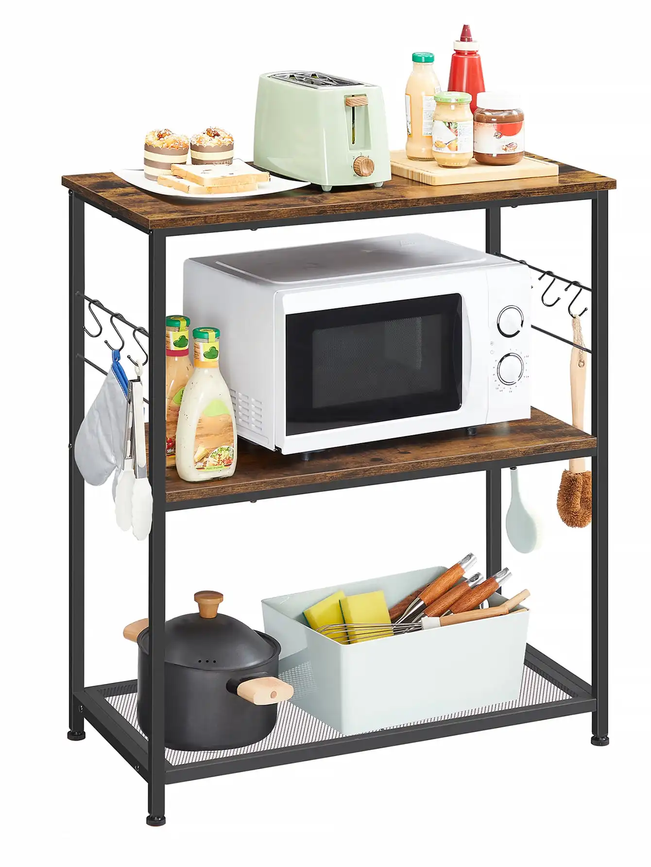 

VASAGLE Baker s Rack, Kitchen Shelf, Kitchen Island, Microwave Oven Stand with 3 Open Shelves, 6 Hooks, Metal Frame