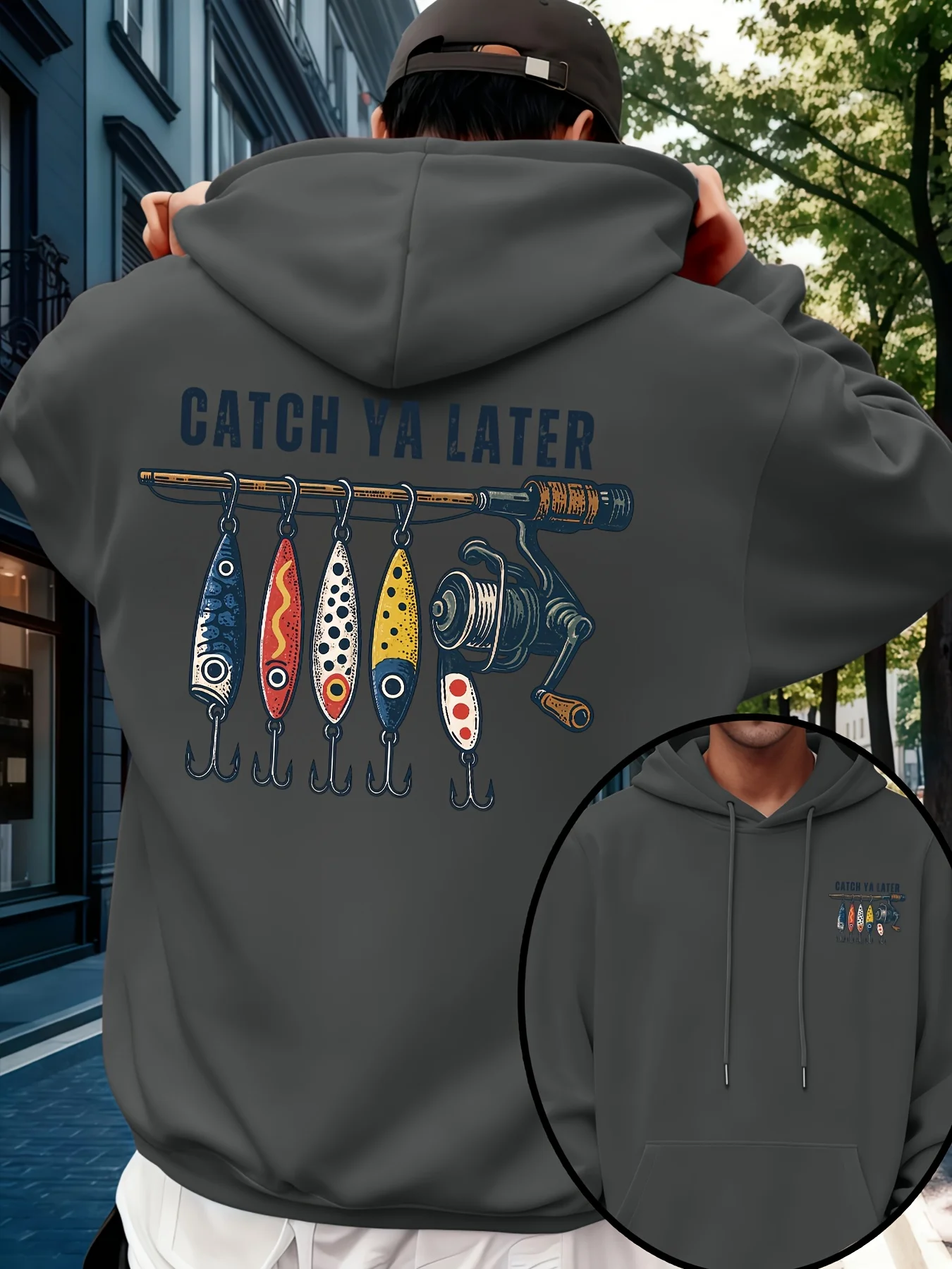 Men'S New Trendy Hoodie, Casual Drawstring Sweatshirt with Print, CATCH YA LATER, for Fishing Enthusiasts, Featuring a Front Kangaroo Pocket, Men'S Top