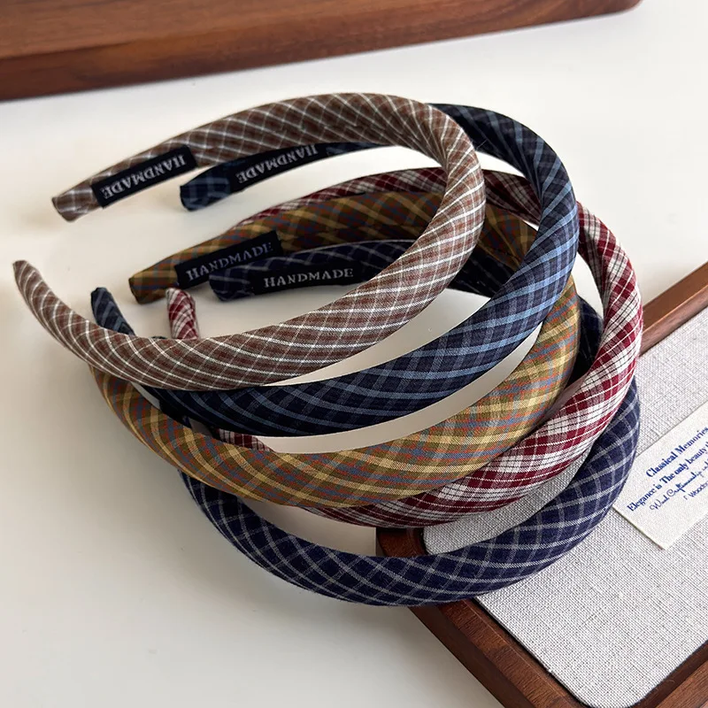 Retro Preppy Plaid Hairbands For Women Girls Thin Sponge Padding Headbands Comfortable Plain Hair Hoops Trendy Non-slip Headwrap