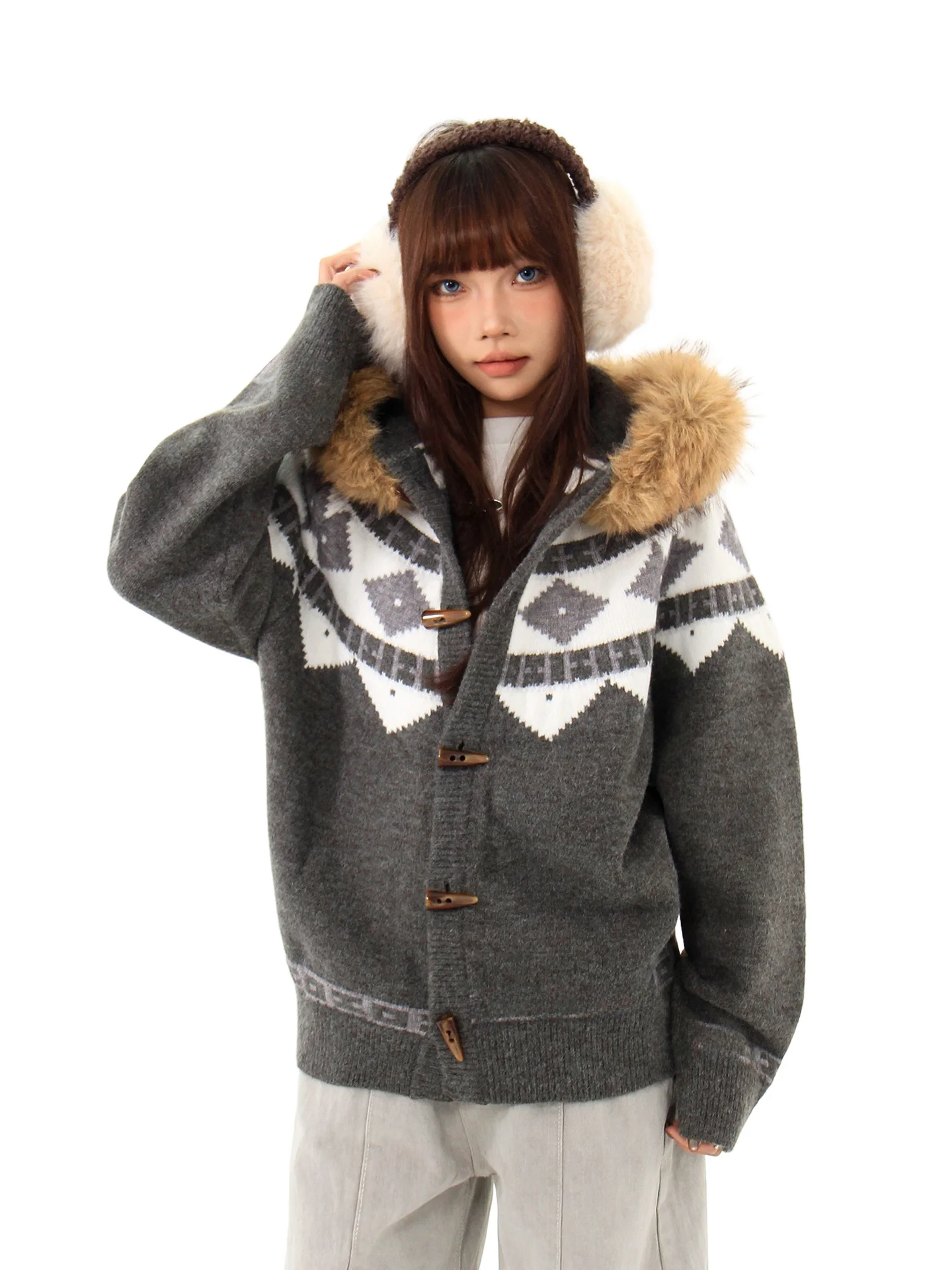 

Вязаное пальто-свитер Hygge Chen с отстегивающимся воротником из искусственного меха для пар, осенне-зимнее, в стиле Lazy Sle, с узором Fair Isle, размер S