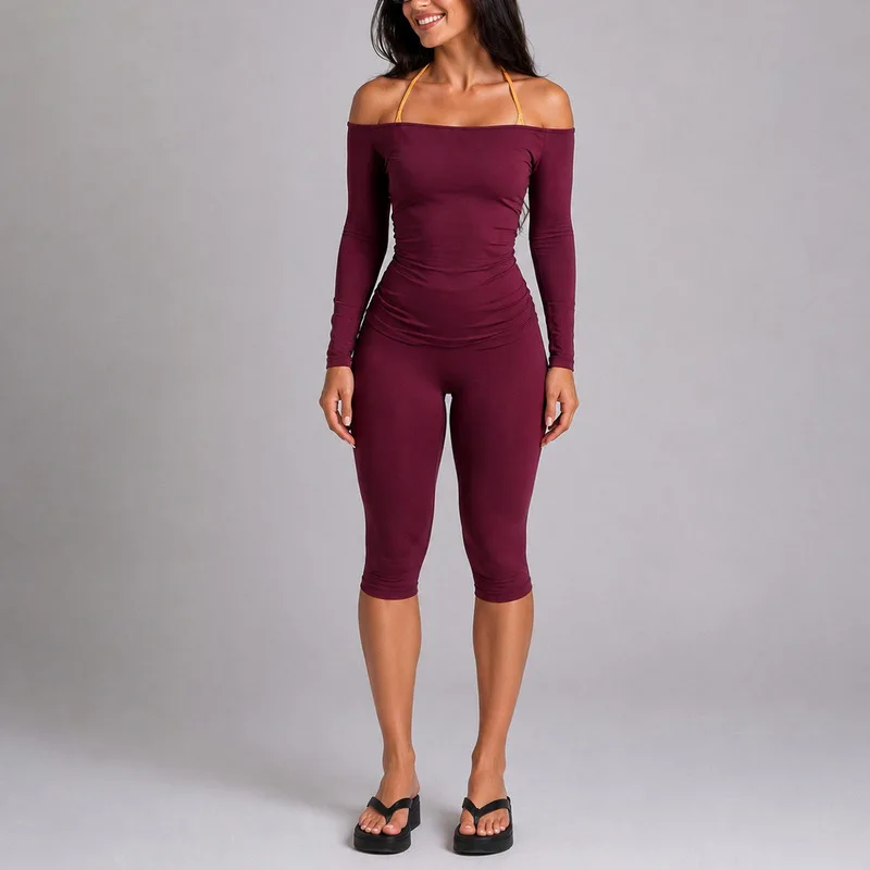 Denyf New Off Shoulder Long Sleeve T Shirt Set Moisture Wicking High Elastic Fast Drying For Gym Fitness Running Yoga Outdoor Ac