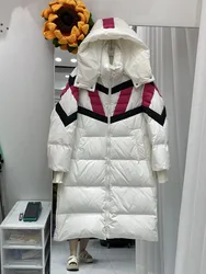 Down jacket winter women 2024 new fashionable color blocked knee length hooded white duck down jacket versatile and slim