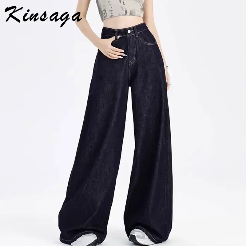 Kinsaga Dark Blue Wide Leg Jeans Korean Style Petite Girl Pear Shape Loose Straight Drape Mopping Denim Pants Chubby Girl Pants