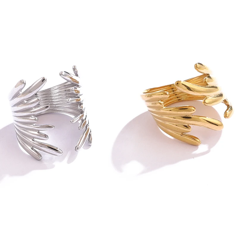 DLHP Irregular Stainless Steel Rings For Women Gold Plated Smooth Wings Wide Adjustable Open Rings 2024 Trend Jewelry Gift Femme