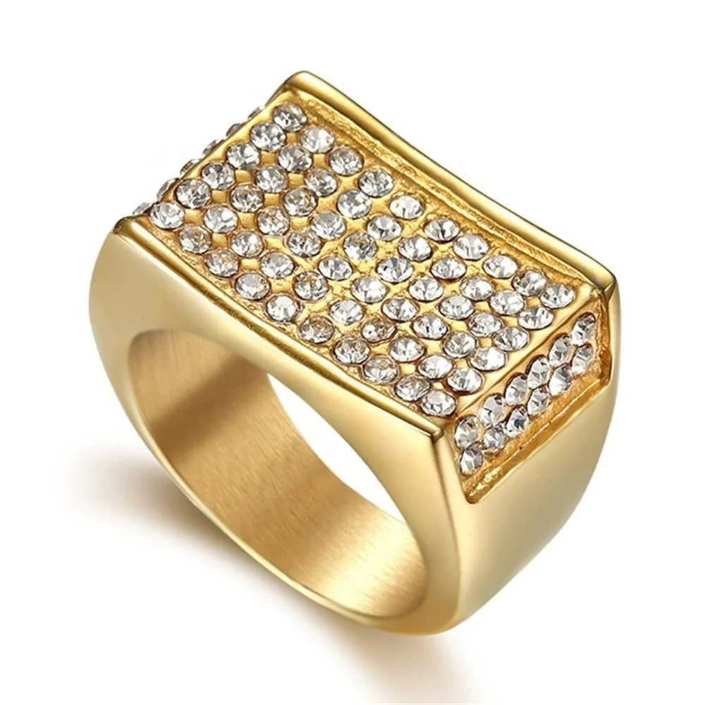Hip Hop Men's Iced Out CZ Square Rings Male Gold Color 316L Stainless Steel Cubic Zirconia Big Cool Ring for Men Party Jewelry