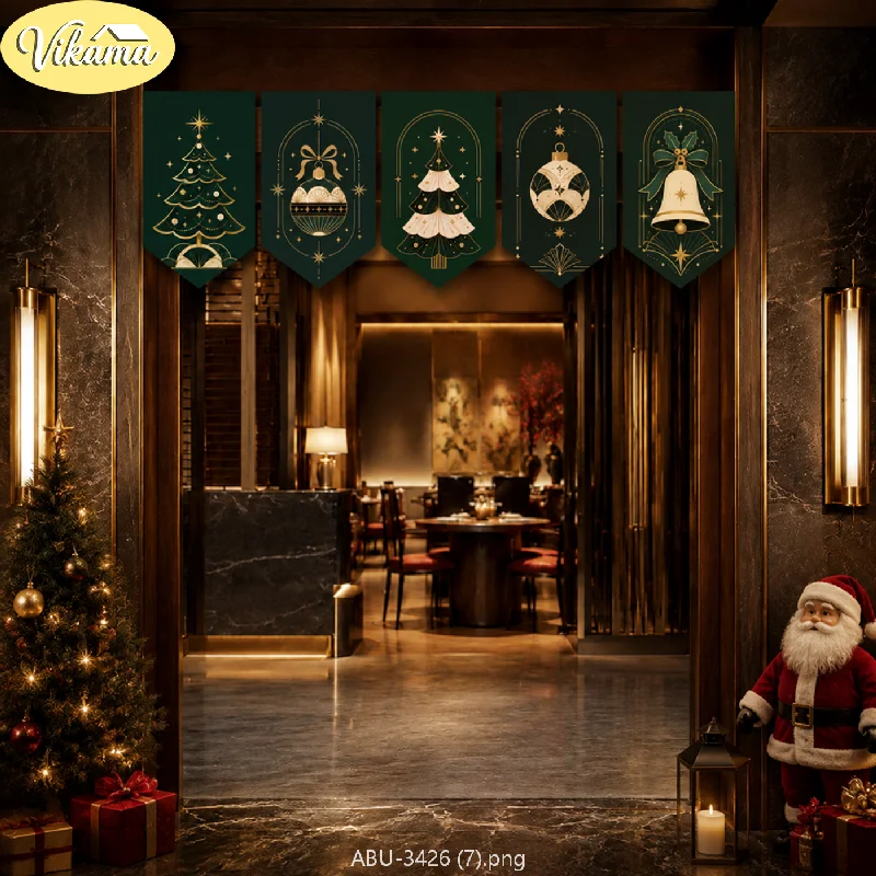 Luxury Christmas Triangle Bunting Banner Green Gold Hanging Flags Garland Xmas Door Window Home Decoration Holiday Party Festoon