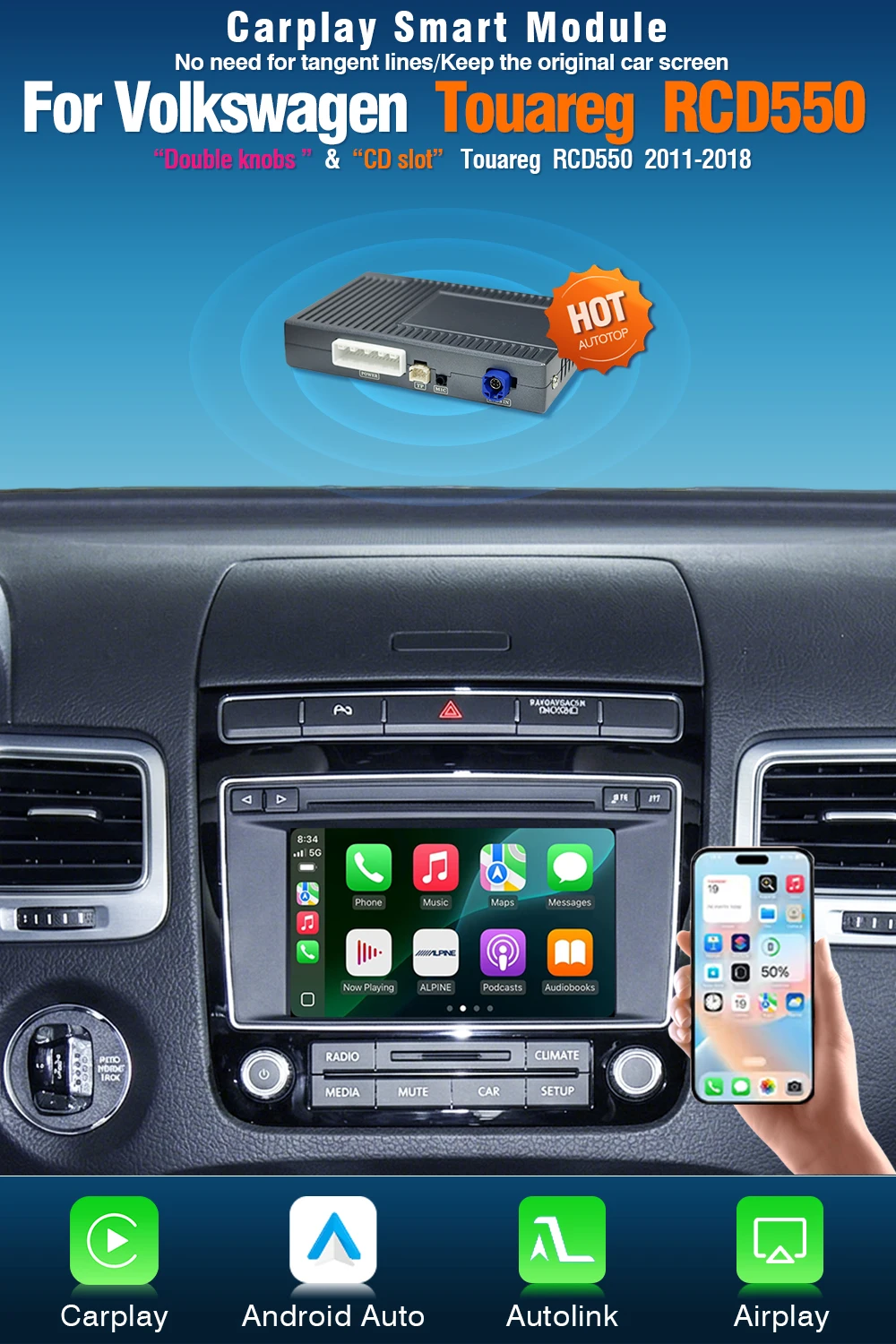 AUTOTOP Kabelloses CarPlay Android Auto Modul zur Fahrzeugmodifikation für Volkswagen VW Touareg RCD550 MirrorLink Airplay GPS Navi Wi-Fi – Detail 1