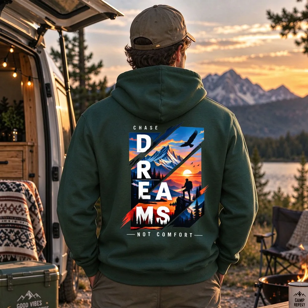 Chase Dreams Not Comfort Mountain Sunset Hiker Graphic Hoodie Unisex Outdoor Adventure Pullover Motivational Nature Casual Tops