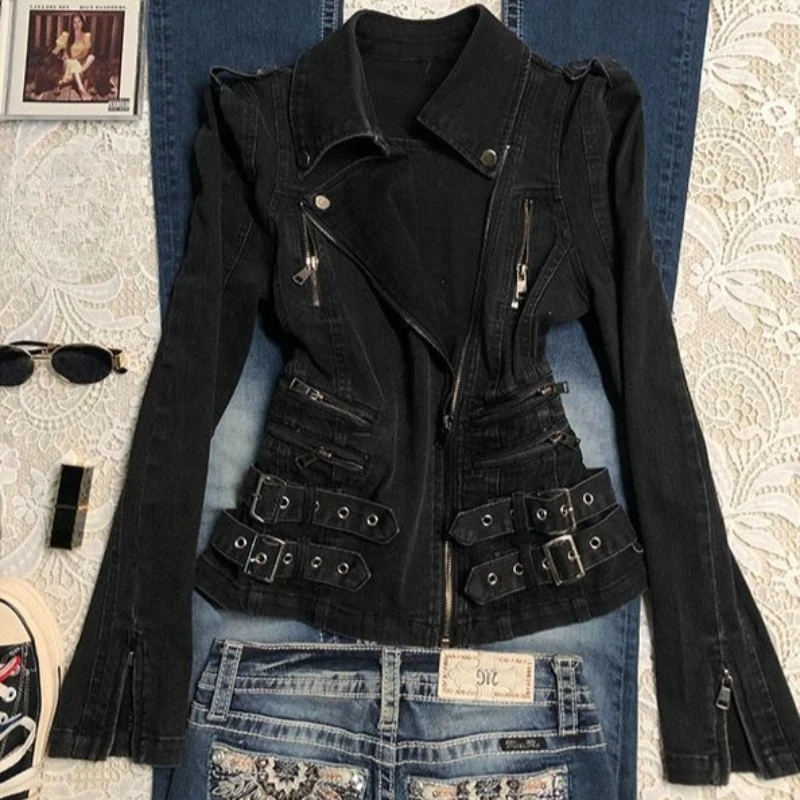 

Куртка-поло женская в стиле 90-х, винтажная, ковбойская, с длинными рукавами, на молнии, с капюшоном, в стиле панк-готика, модная, для девушек