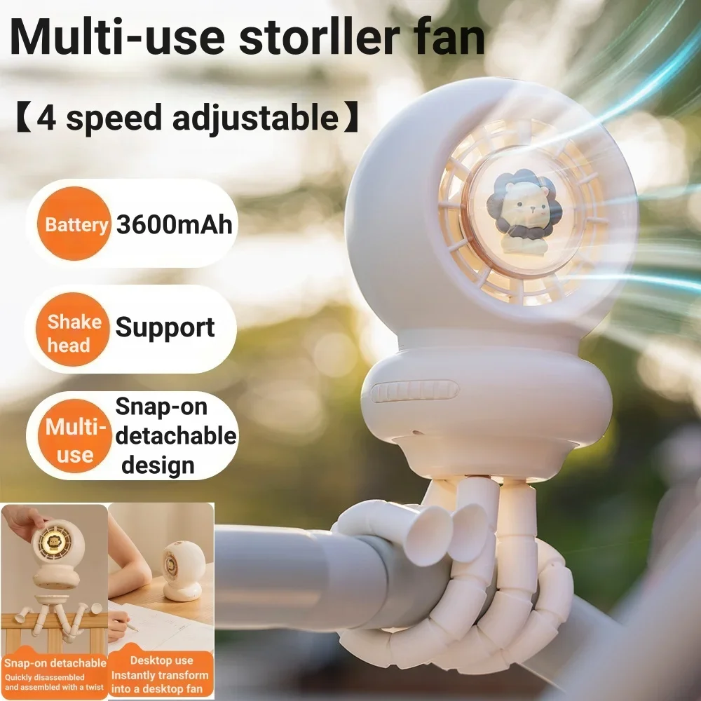 Big disountPortable Baby Stroller Fan Octopus USB Rechargeable 3600mAh Shake Head Snap-on Detachable Desktop Handheld Multi-us