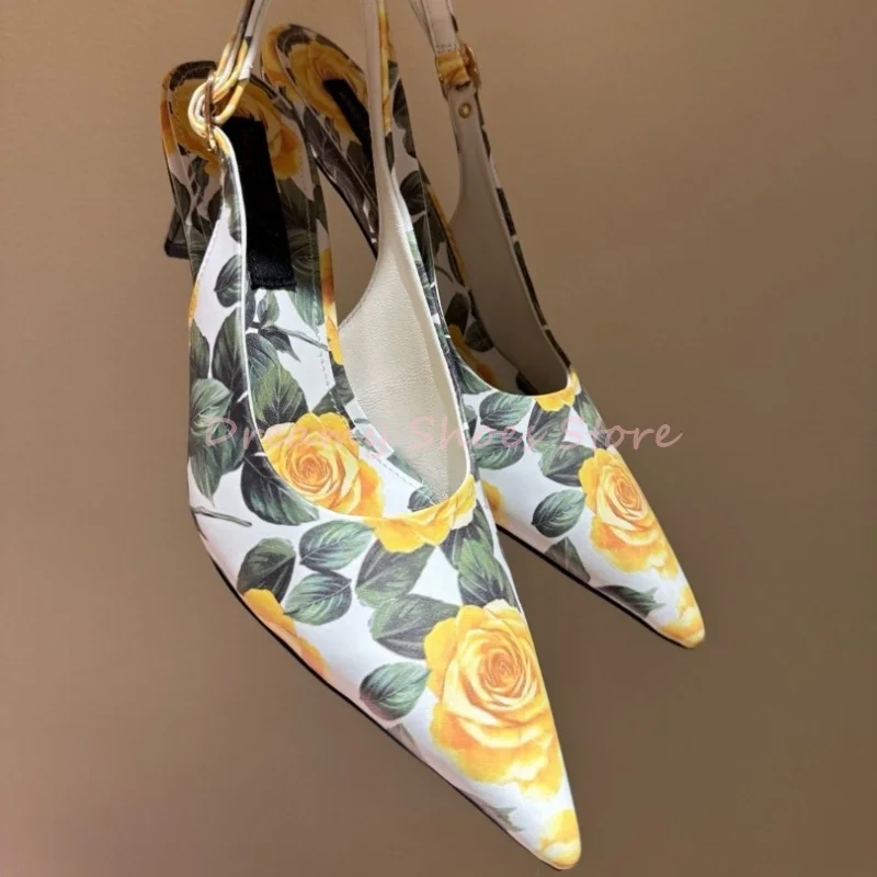 

Flower Print Leopard Print Pointed Stiletto Sandals Women Buckle Strap Patchwork Slingback High Heels Fashion Elegant Party Shoe