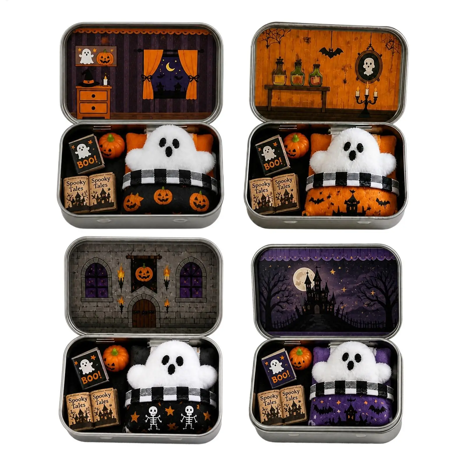 Halloween Ghost Tin Box Toy Set Miniature Dollhouse Kit Metal Case Plush Ghost Mini Pumpkin Book Spooky Desk Decor Gift for Kids
