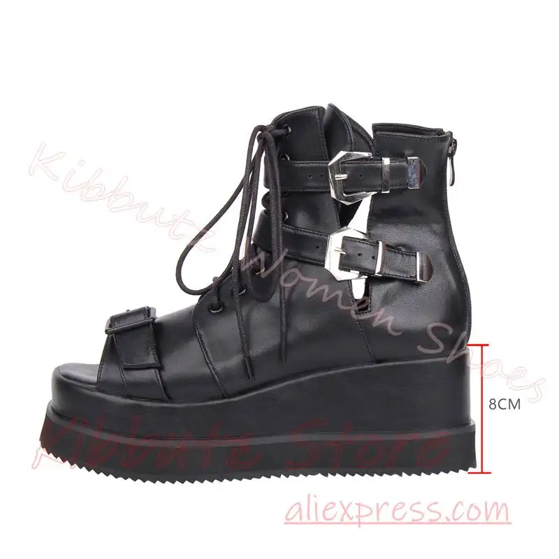 Sandal Ankle Boots Platform Open Toe Wedge Crisscross Straps Silver Tone Buckles Open Peep Toe Thick Heel Women Streetwear Sexy
