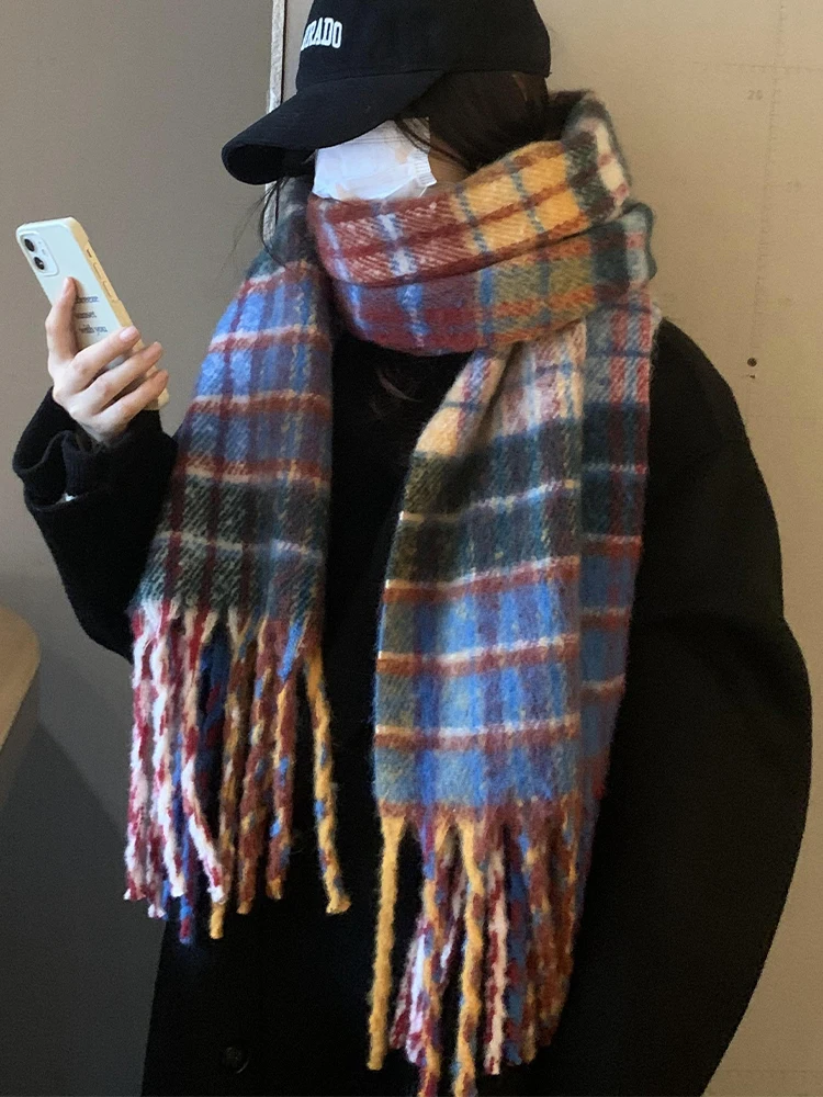 Korean Style Long Rectangle Scarf Women's Winter Warmth Cashmere Simulation Rainbow Plaid Scarf Student Couple Youth Neck Warmer