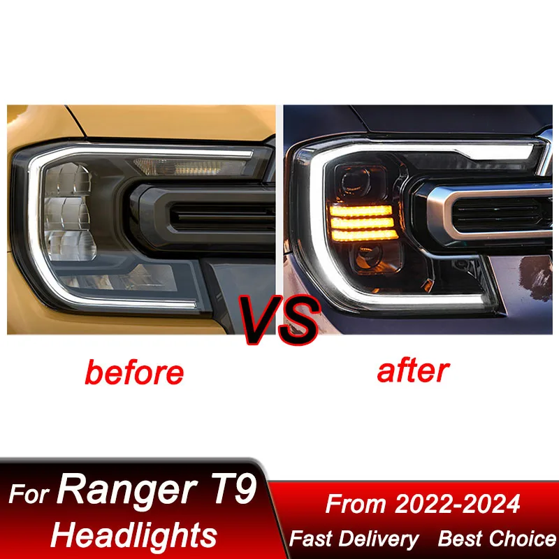 Car styling Headlights For Ford Ranger T9 2022-2024 to new style full LED Auto Headlamp Assembly Projector Lens Accessories Kit