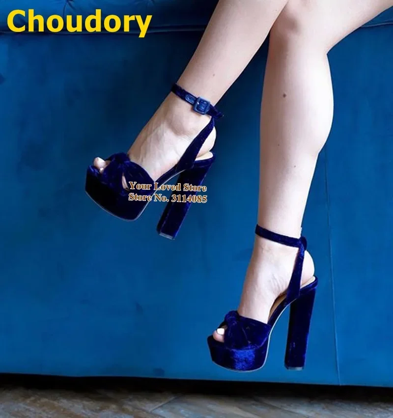 Choudory Royal Blue Velvet Chunky Heels Platform Butterfly-knot Gladiator Sandals Buckle Strap Luxury Banquet Shoes Plus Size47