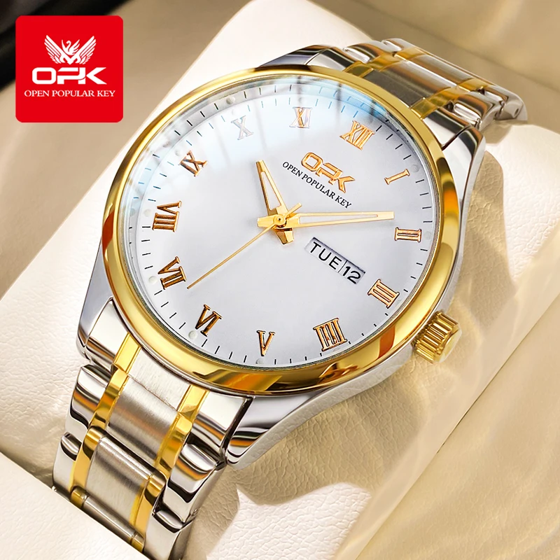 OPK 8121 Men Watch Simple Original Quartz Watch Stainless Steel Waterproof Luminous Watch Day-Date Calendar Window Watch
