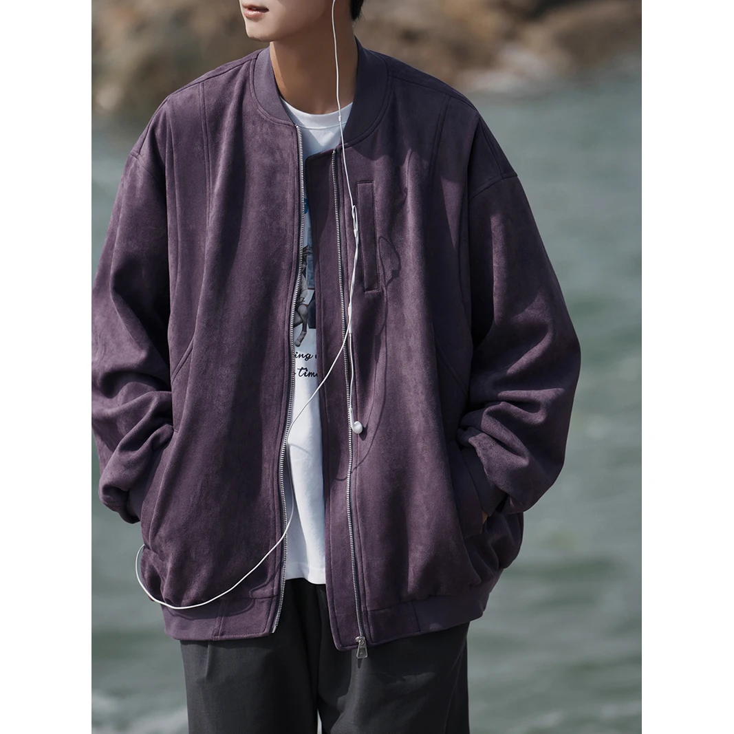 

Men's Suede Baseball Jaet Spring Autumn Outdoor Windproof Pilot Coat Loose Fit Zipper Decorated Iron Free T-irt Sle