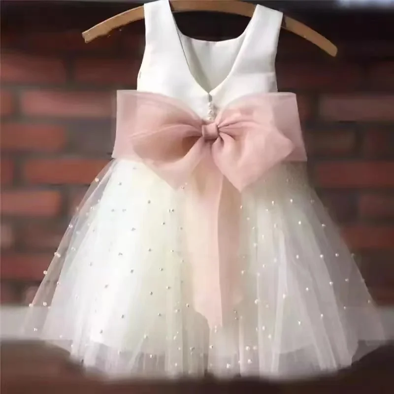 Kids Pearls Tulle Girl Pageant Dresses Sashes Flower Girl Dress Chiffon Bow Sashes First Communion Dress Little princess Dress