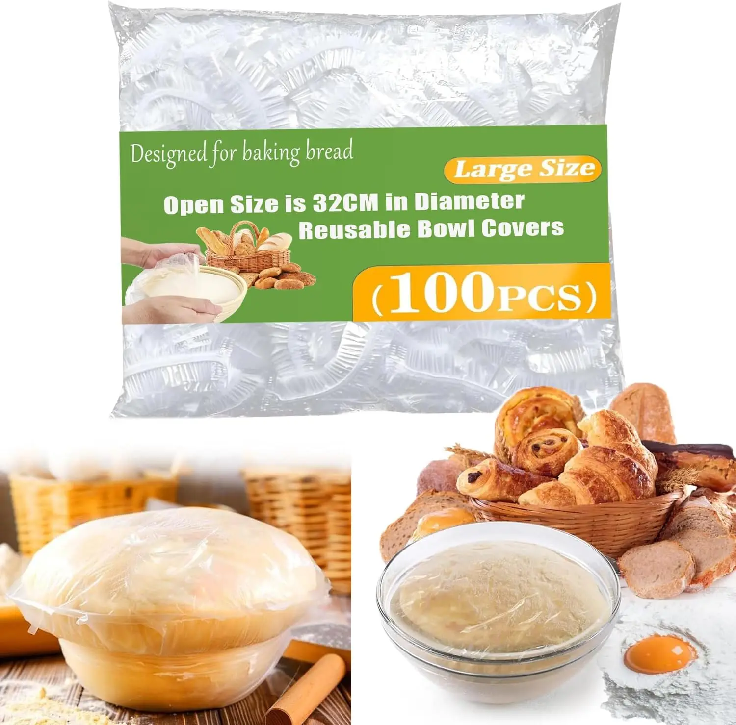 

Bowl Covers for Bread Proofing, 100 Reusable Large Thickened Transparent Plastic Bowl Covers, Adjustable Elastic Food Covers Fre