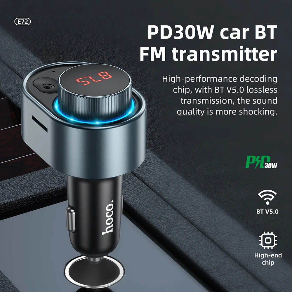 HOCO PD 30W Car FM Transmitter Wireless Bluetooth 5.0 FM Radio Modulator USB Car Charger Adapter For iPad Macbook Handsfree Kit