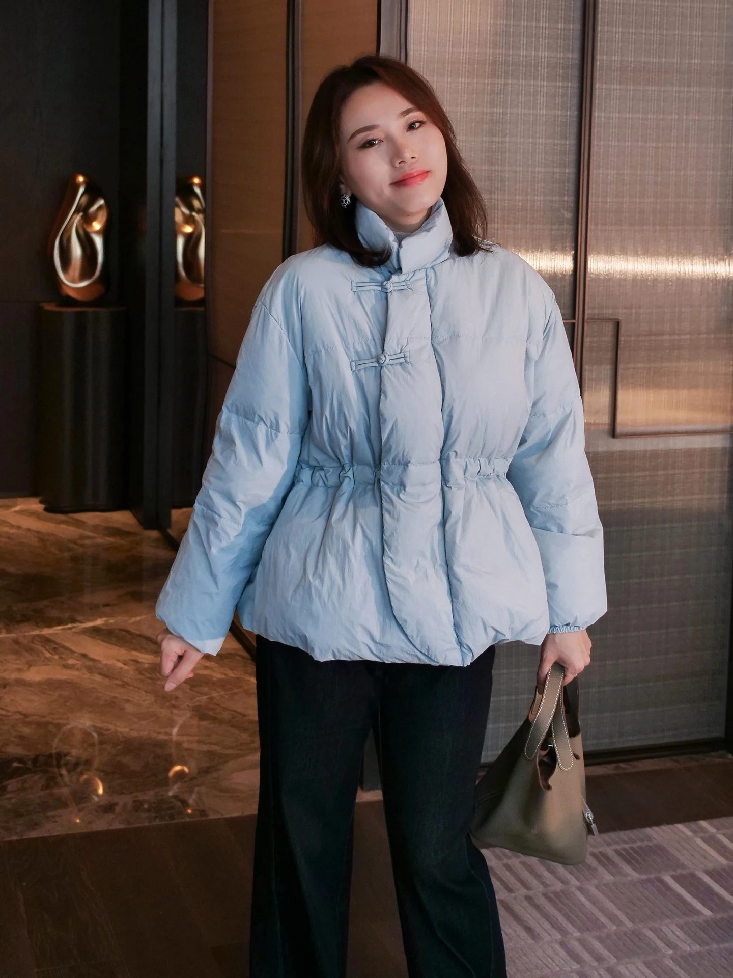 

ERINA Original ort Blue Du down Jaet Winter Warm Thiened Waist a Sweet Sle Women's Coat High Waist Long Sve