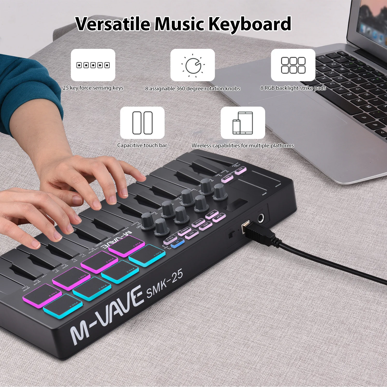 M-VAVE SMK-25 MIDI Keyboard Controller Beat Maker Machine Rechargeable rranging Strike Pad RGB Backlight MIDI Assignable Knobs