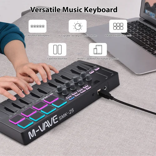 Imagen 2 del producto Controlador de teclado MIDI M-VAVE SMK-25, máquina para crear ritmos, recargable, con pads de percusión, retroiluminación RGB y perillas MIDI asignables.
