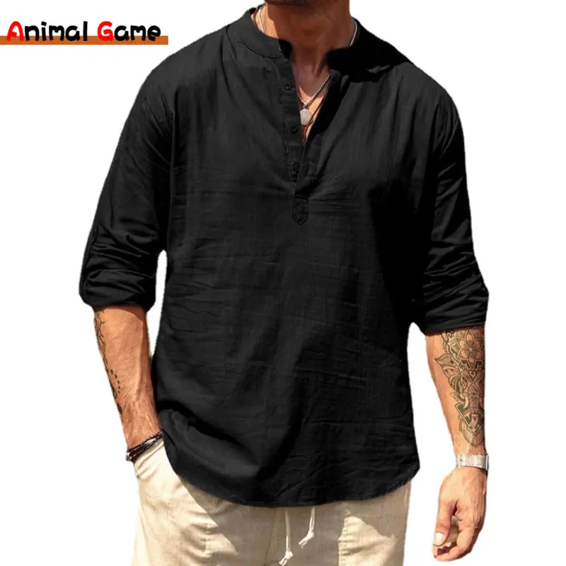 

New Korean Mens Long Sleeve Tshirts Solid Color Loose Linen Shirts Cotton Blouses Men Clothing Collar Camisa Tops 5XL