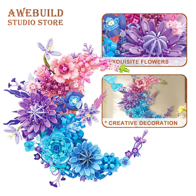 Eternal Moon Flower Building Blocks Romantic Bouquet Toys Creative Plant Rose MOC Brick Wall Decoration Wife Valentine Gifts DIY - view 2