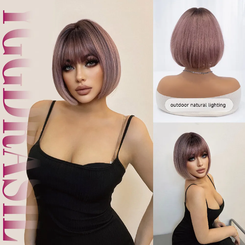 10Inch Ashy Lilac Fantasy Style Synthetic Wigs With Bang Short Natural Straight Hair Wig For Women Cosplay Party Heat Resistant