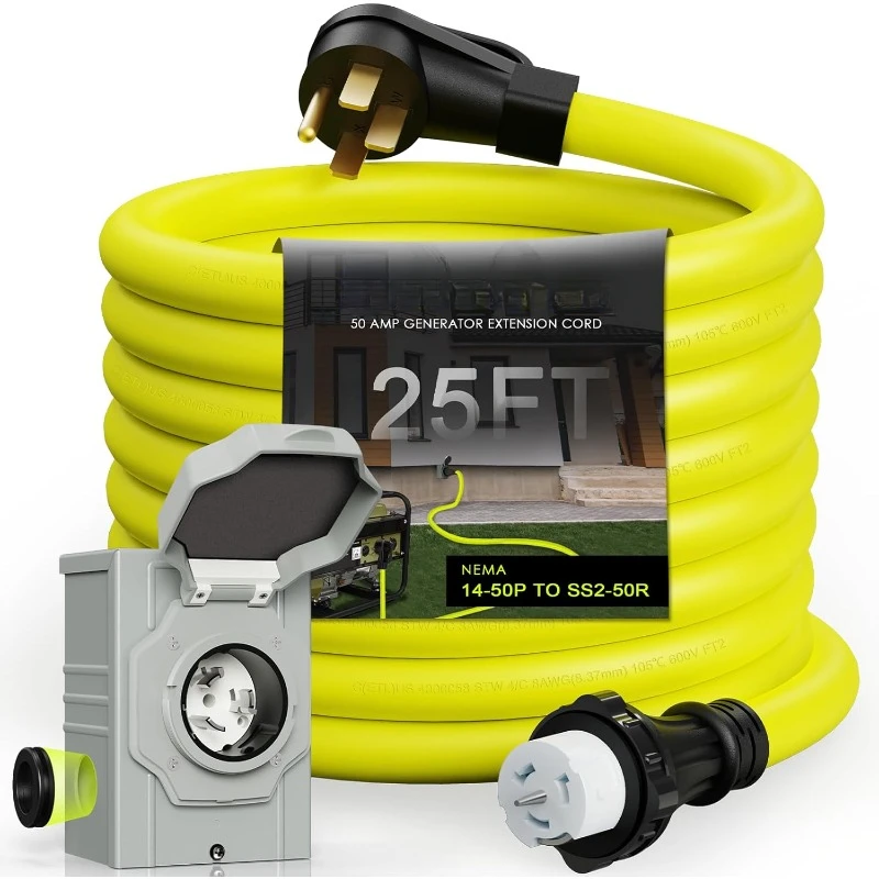 

50 Amp Generator Cord 25FT and Power Inlet Box, NEMA 14-50P Male to SS2-50R 125/250V Twist Lock Connector with Pre-Drilled